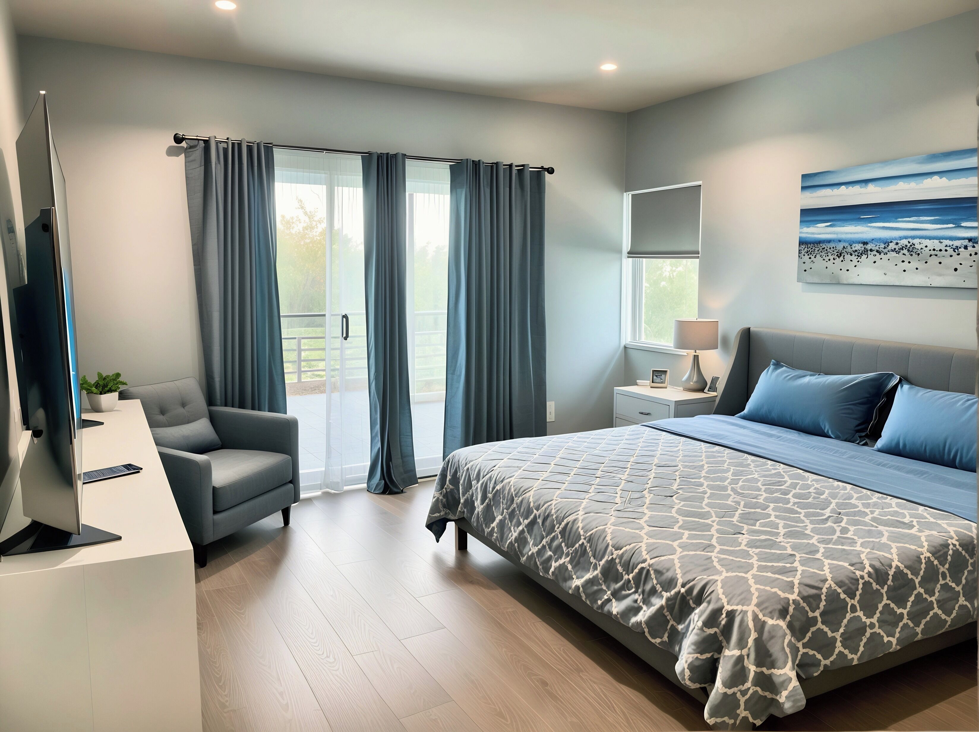A modern bedroom with a large bed, a desk, and a chair.