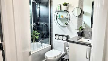Hair dryer, towels, soap, shampoo