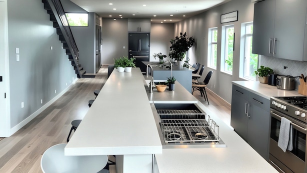 A modern kitchen with a central island, stainless steel appliances, and a staircase leading to another level.