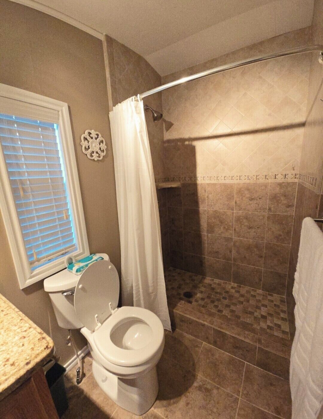 Een badkamer met toilet, douche en een raam met zonwering.
