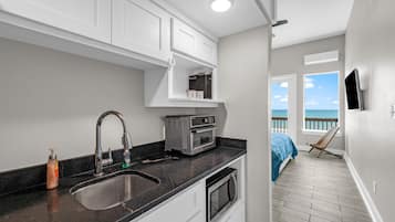 Fridge, microwave, coffee/tea maker, toaster