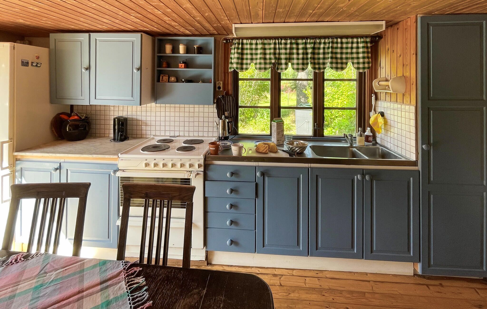 Fridge, stovetop, dishwasher, coffee/tea maker