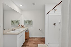 Hair dryer, towels, soap, toilet paper