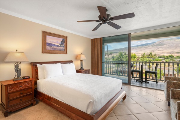 Admirable view of West Maui mountains while relaxing on your comfortable plush queen bed.