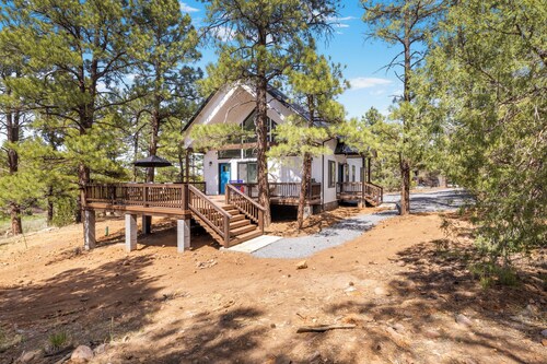 Modern Cabin w/ large deck, nestled in the pines, secluded yet close to town.