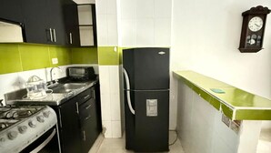 Une cuisine de taille réduite équipée d’une cuisinière à gaz, d’un four et d’un réfrigérateur noir.