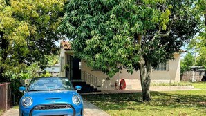 A blue car parked in front of a house with a tree.
