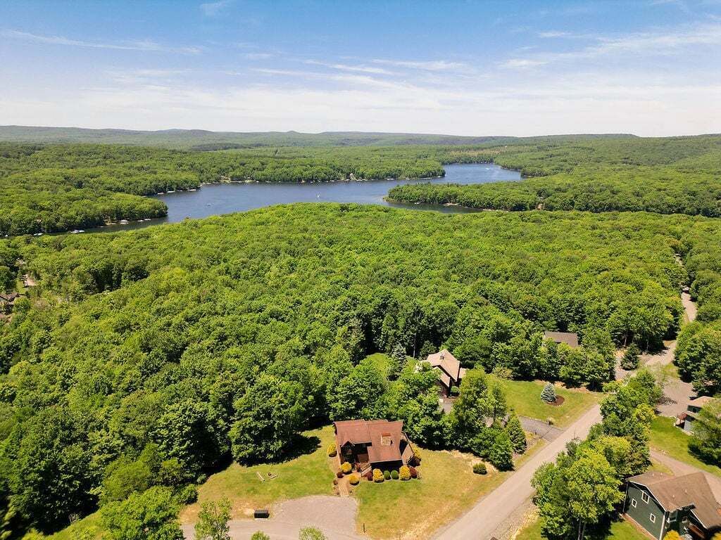 Une zone boisée avec un lac, un chalet et une maison.