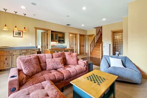 Smart TV, fireplace, foosball