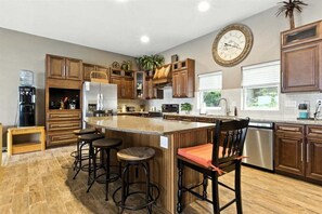 Fridge, microwave, oven, stovetop - Lakefront Home w/ Double Deck, Slip, Firepit & Game Room (Sunrise Beach)