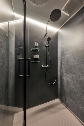 Shower, hair dryer, towels, soap
