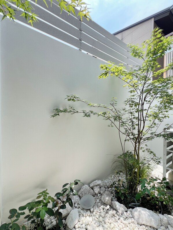 A garden area with a white wall, a small tree, and white pebbles.