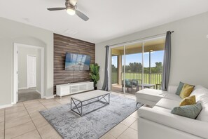 Smart TV, fireplace, DVD player, books