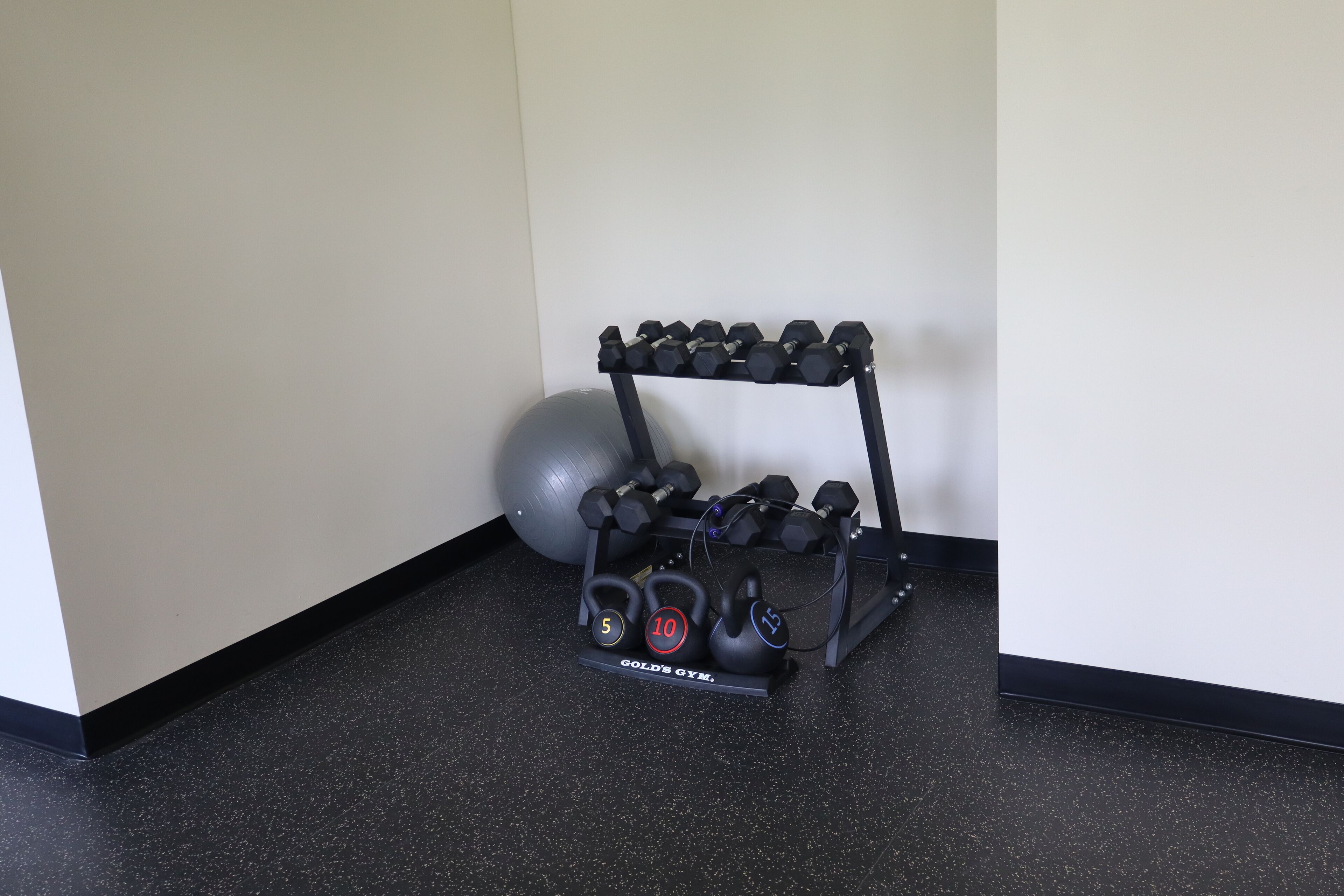 A gym with a weight rack holding dumbbells and kettlebells, a yoga ball, and a black speckled floor.