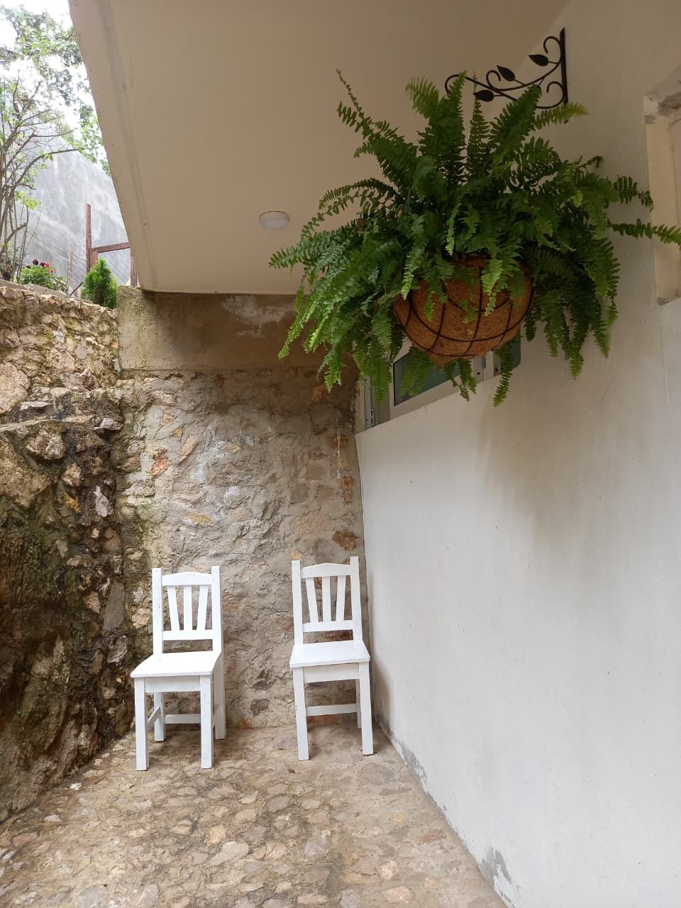 A small outdoor seating area with two white chairs and a hanging fern plant.