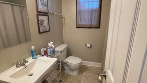 A bathroom with a sink, toilet, and window. - Cozy 2-bedroom townhome in awesome Columbia with AC. (Columbia)