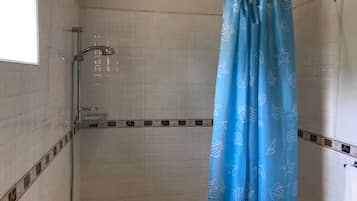 Une salle de bain avec une douche, une baignoire et une fenêtre.