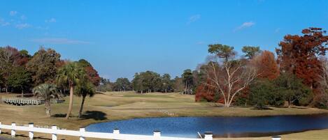A golf course with a pond, white fence, and autumn trees.