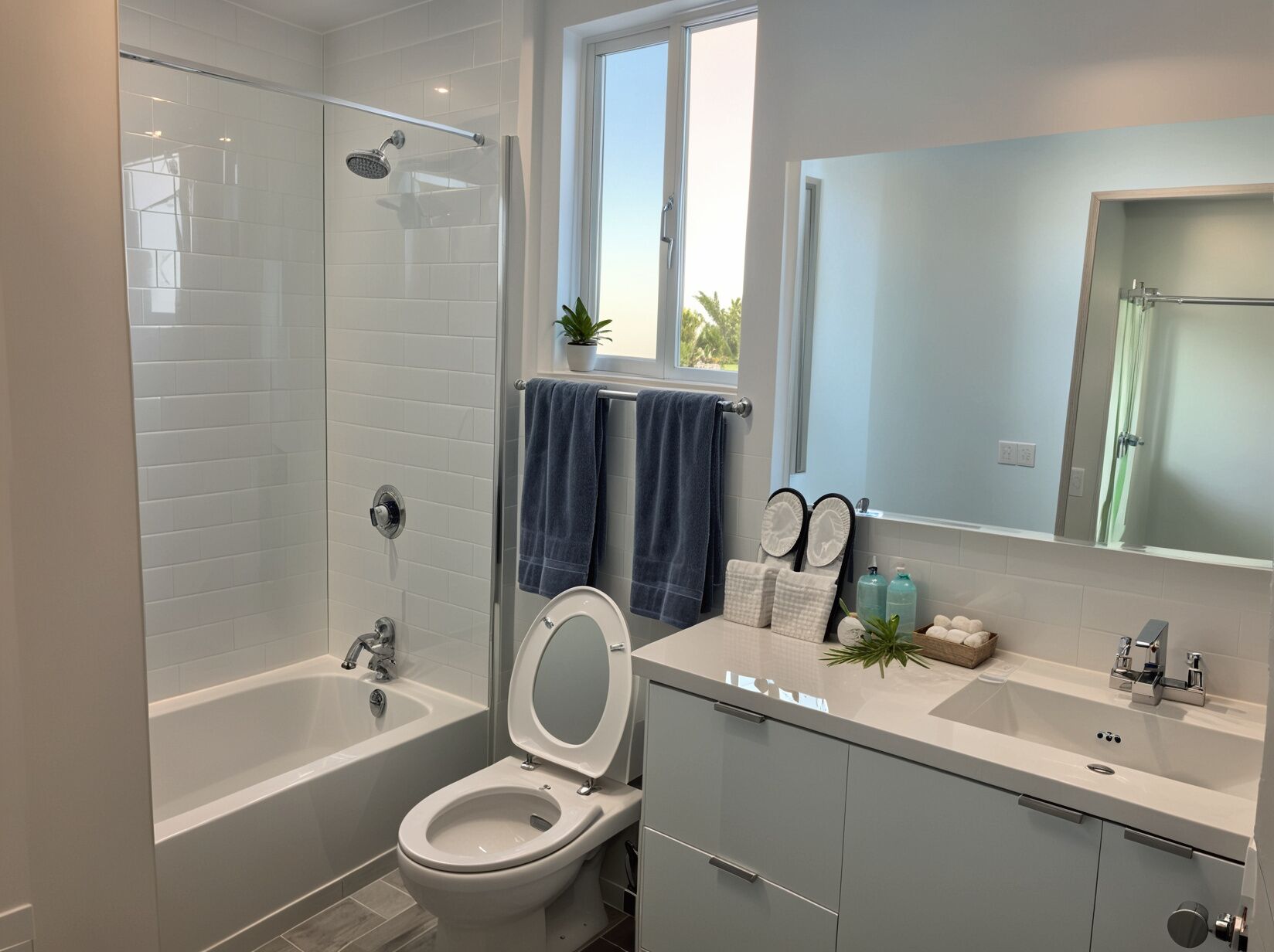Hair dryer, towels, soap, shampoo