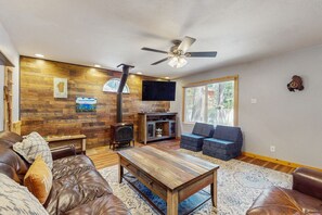 TV, fireplace, DVD player, books