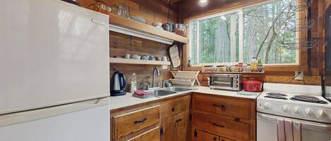 Fridge, oven, stovetop, coffee/tea maker