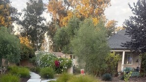 Un sendero en un jardín que lleva a una casa con techo inclinado y un garaje visible.