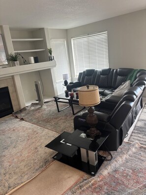 Fireplace, books, video library