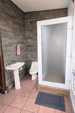 Une salle de bain avec un mur en bois, un lavabo blanc, des toilettes et une porte de douche en verre dépoli.