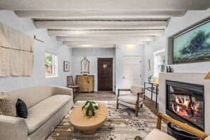Smart TV, fireplace, books