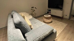 Ein modernes Wohnzimmer mit einem grauen Sofa, einem kleinen Beistelltisch mit einer Pflanze, einem runden Korbtisch und einem Flachbildfernseher auf einem weißen Schrank.