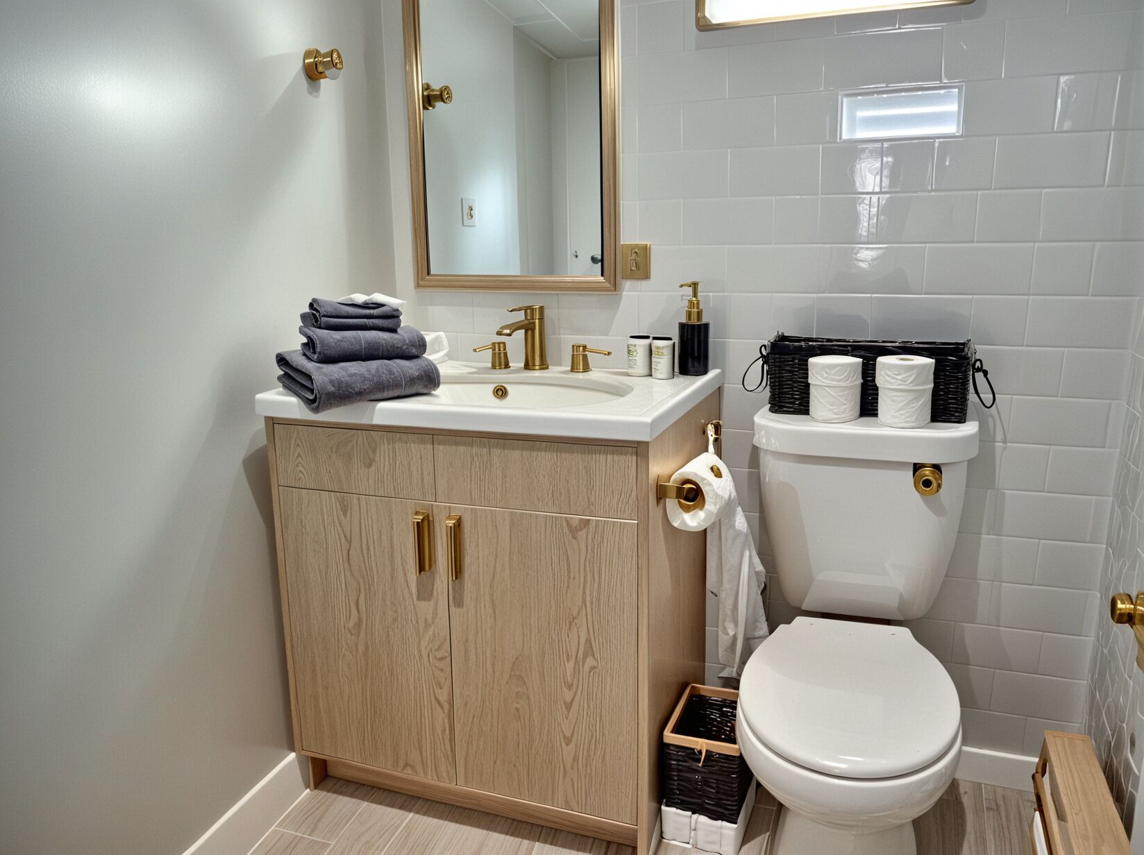 Ein modernes Badezimmer mit einem Holzlager, einem weißen Waschbecken, einem goldenen Wasserhahn und einer Toilette mit einem schwarzen Korb für Toilettenartikel.