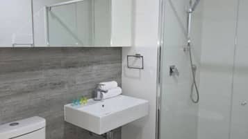 Hair dryer, towels, soap, toilet paper