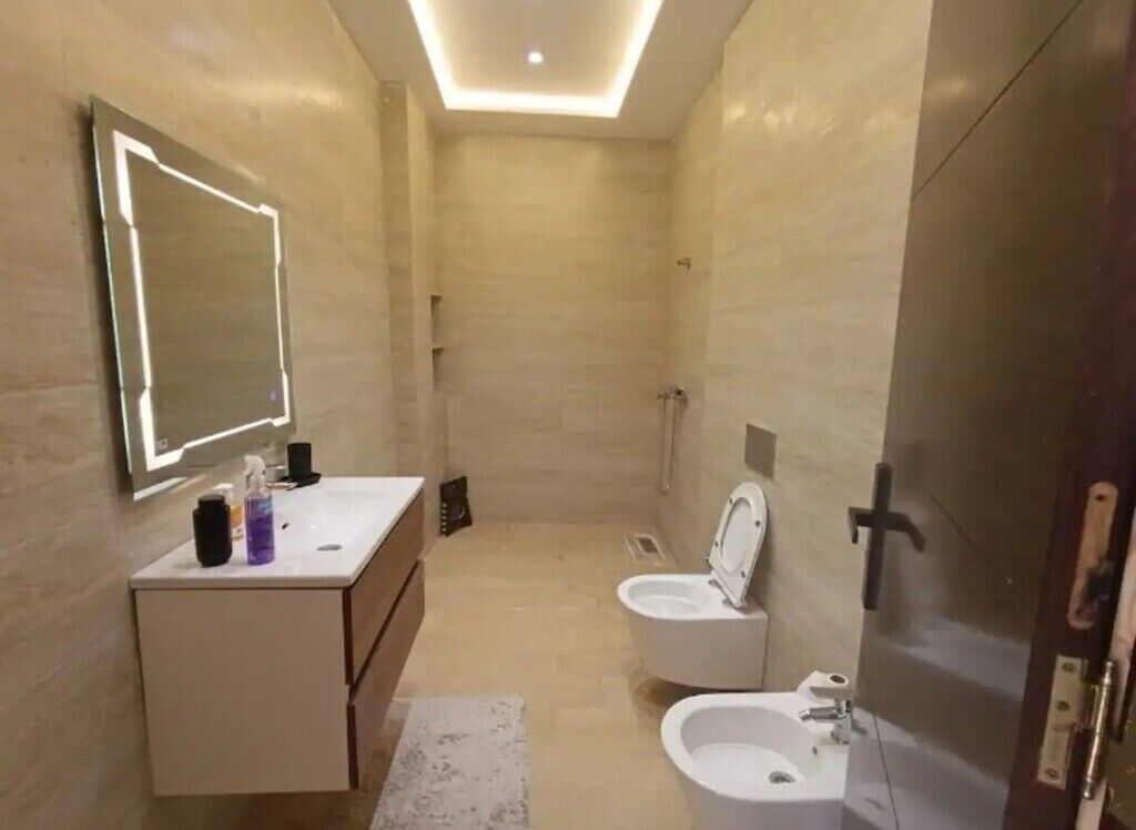 Shower, towels, toilet paper