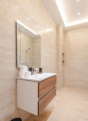 Shower, towels, toilet paper