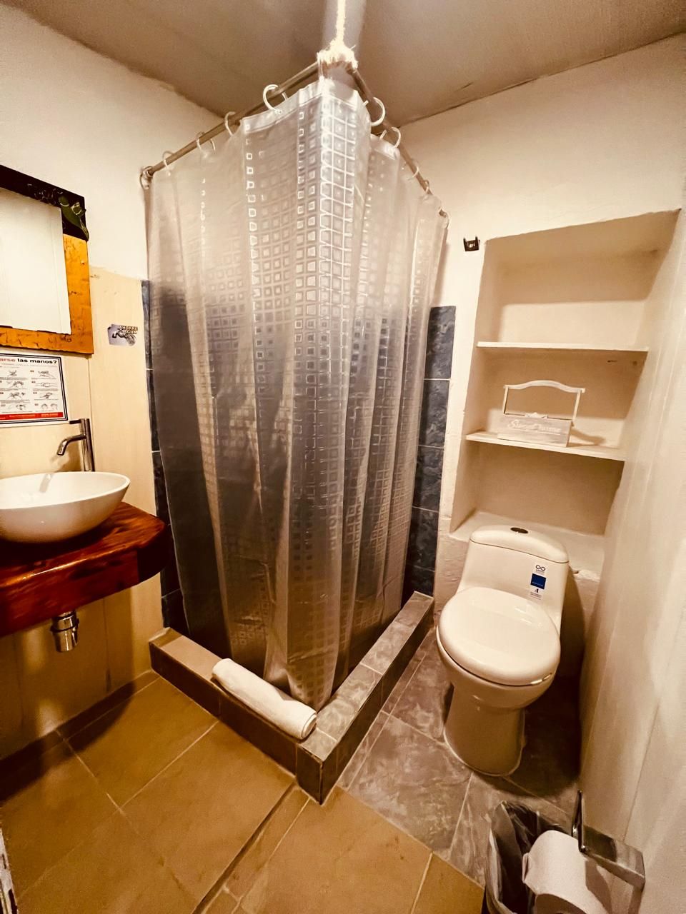 Une salle de bain avec un rideau de douche, un lavabo, des toilettes et une petite étagère contenant des articles de toilette.