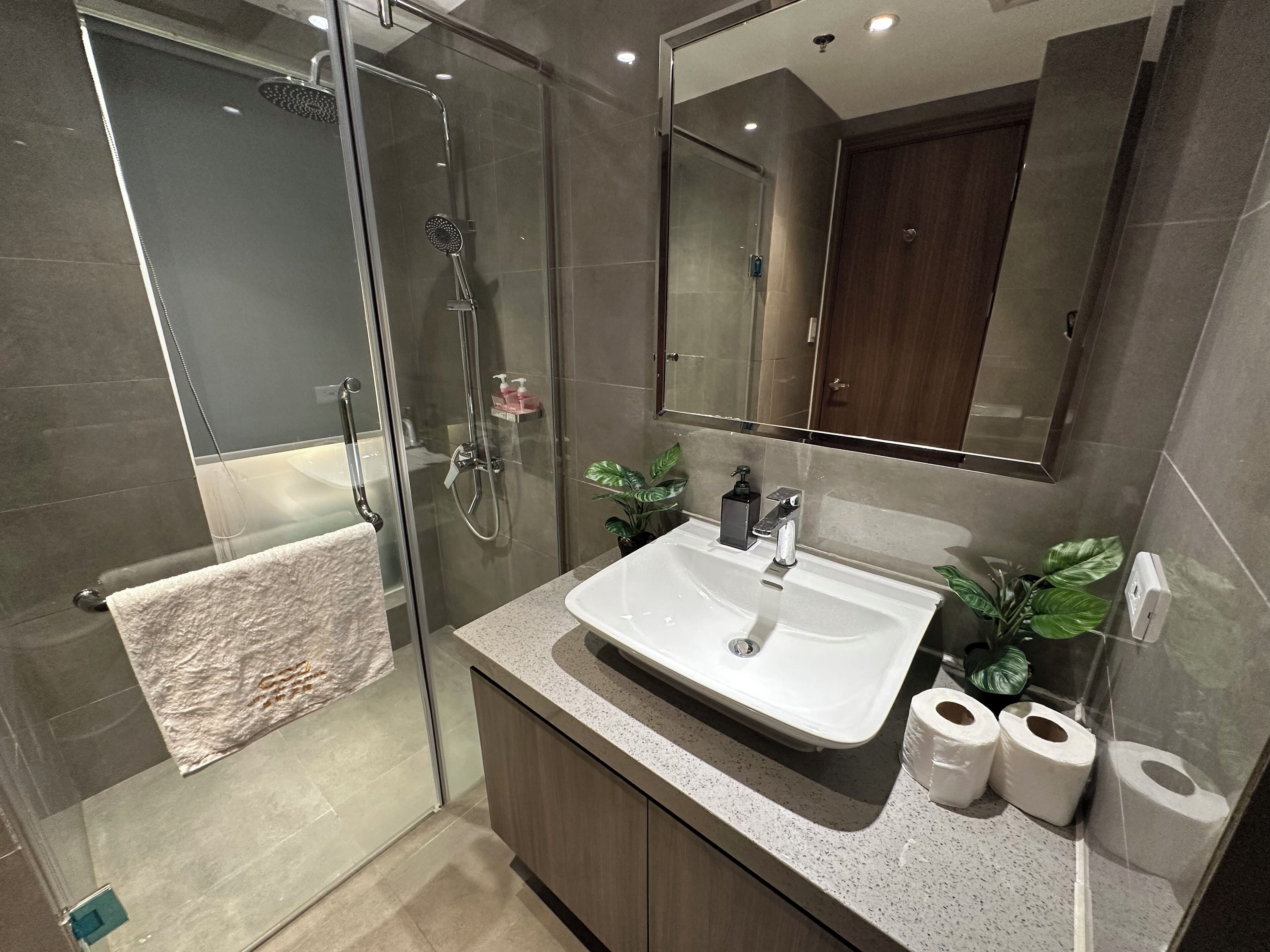 Un baño moderno con ducha envuelta en vidrio, un lavabo blanco y un espejo grande.