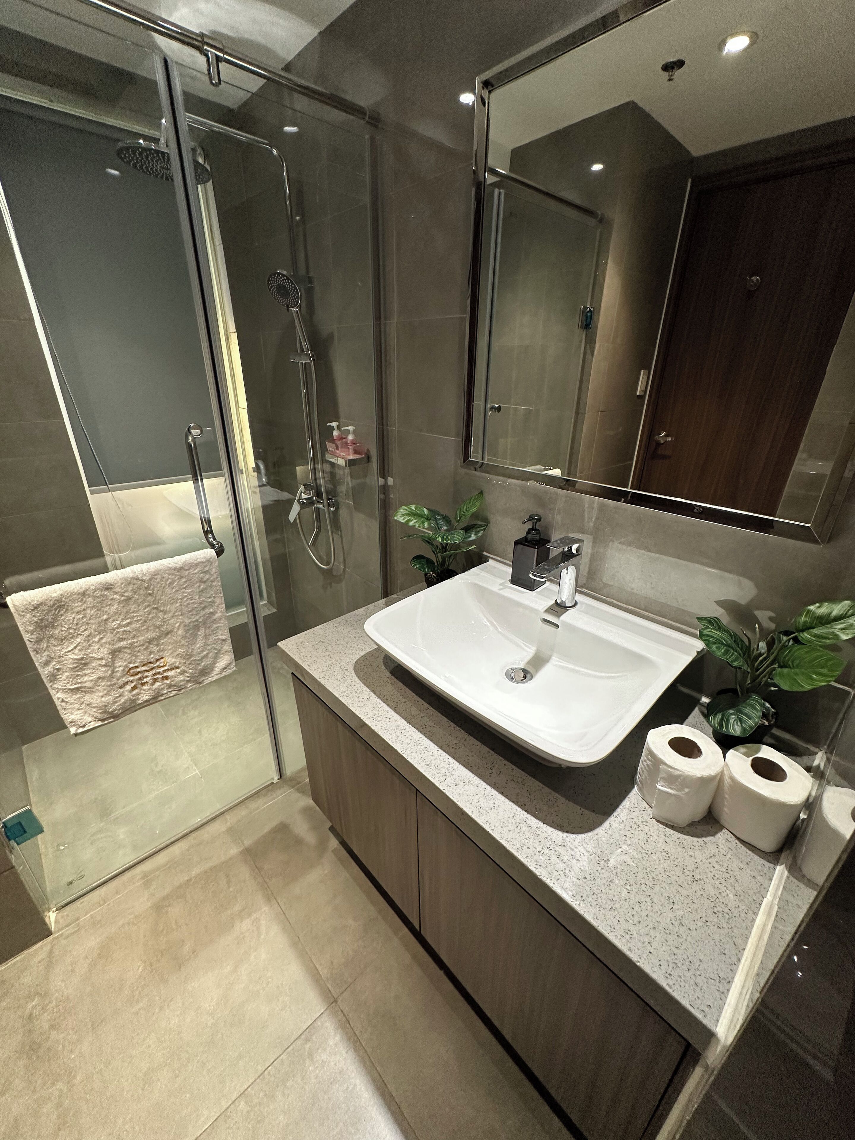Een moderne badkamer met een douchecabine van glas, een groot wastafel en een spiegel erboven.