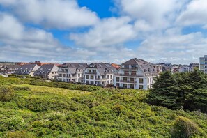 A residential area with modern houses, a well-maintained garden, and a clear blue sky. - Dünenloft, House Düne Whg. 12 - Dünenlofts (Sylt)