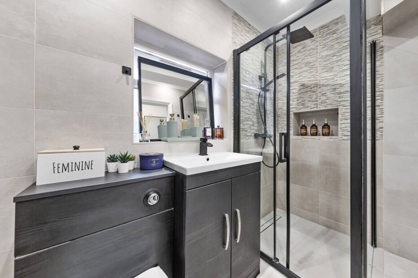 Shower, hair dryer, bidet, towels