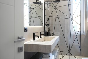 Shower, hair dryer, bidet, towels