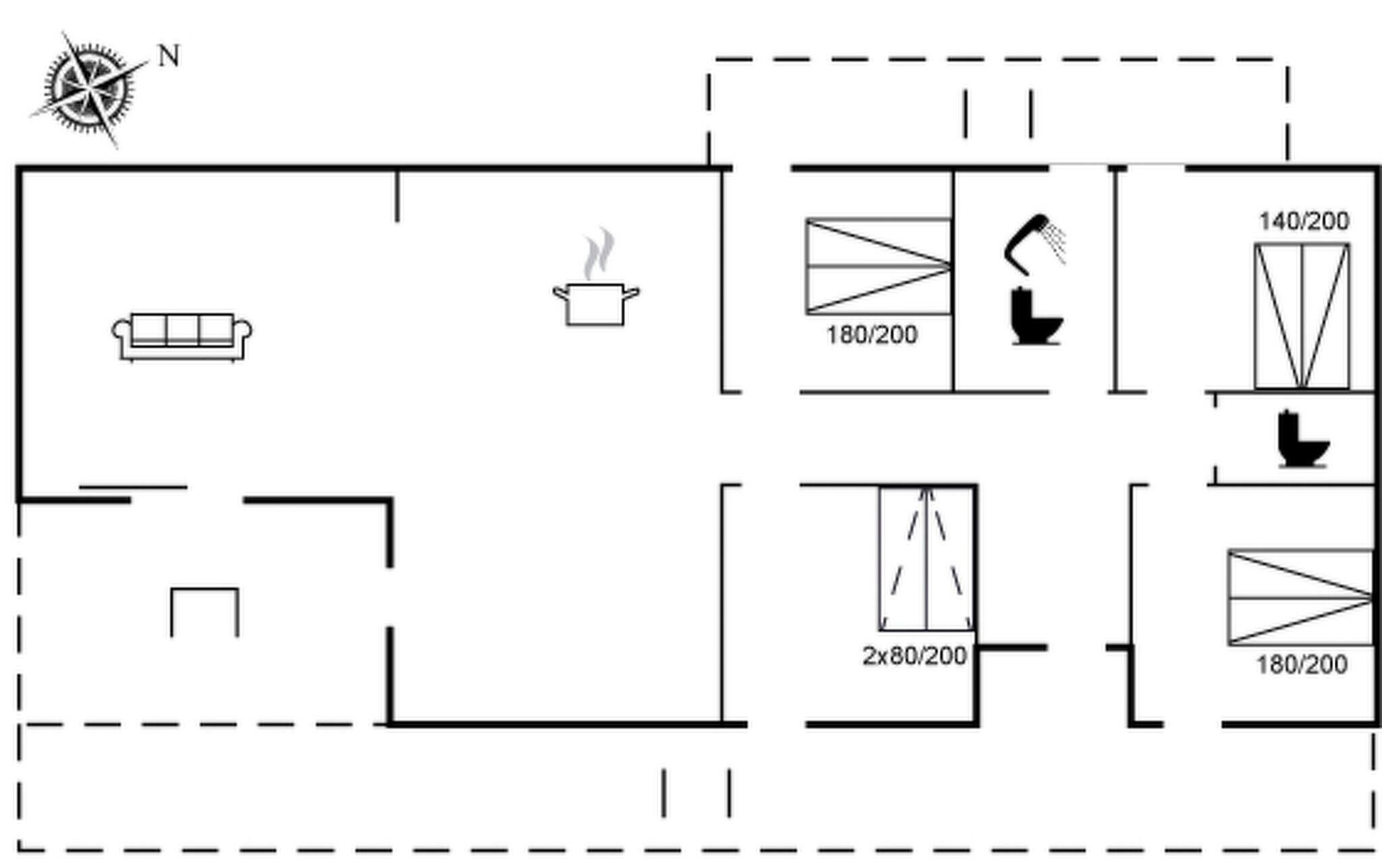 A floor plan with a living area, a kitchen, and a bathroom.