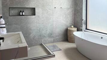 Hair dryer, towels, soap, toilet paper