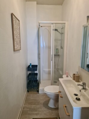 Shower, eco-friendly toiletries, hair dryer, soap