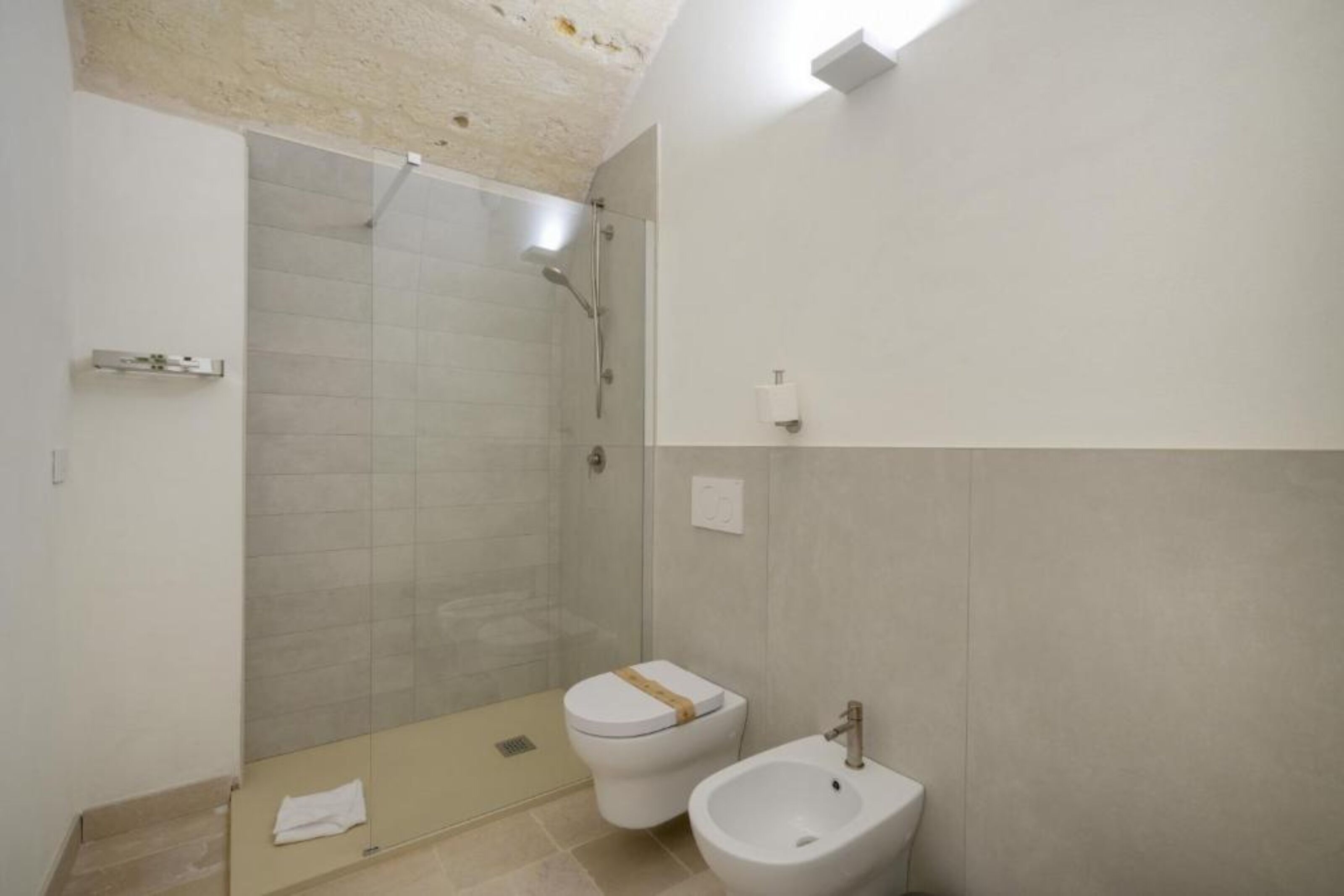 Een badkamer met een douche met glazen wand, een toilet en een bidet.
