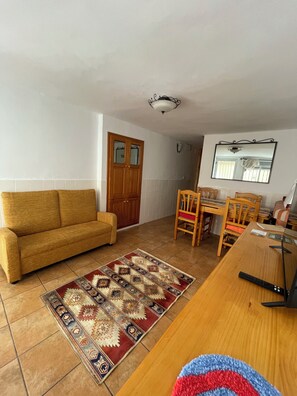 Smart TV, chimenea y libros 