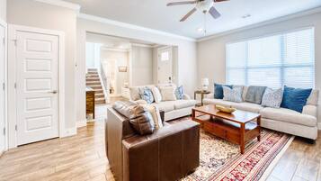 TV, fireplace, books, offices