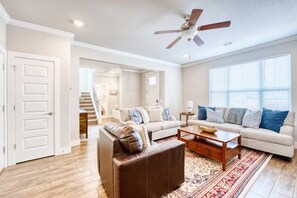 TV, fireplace, books, offices