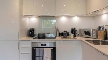 Frigorífico, microondas, horno y placa de cocina