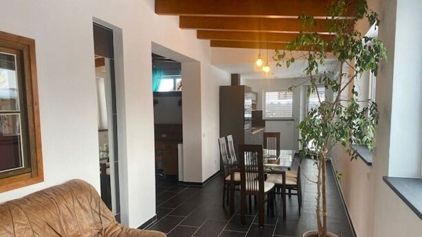 A modern living room with a leather sofa, a dining area with a table and chairs, and a potted plant. - Cozy vacation home (Biessenhofen)