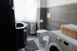 Shower, hair dryer, bidet, towels